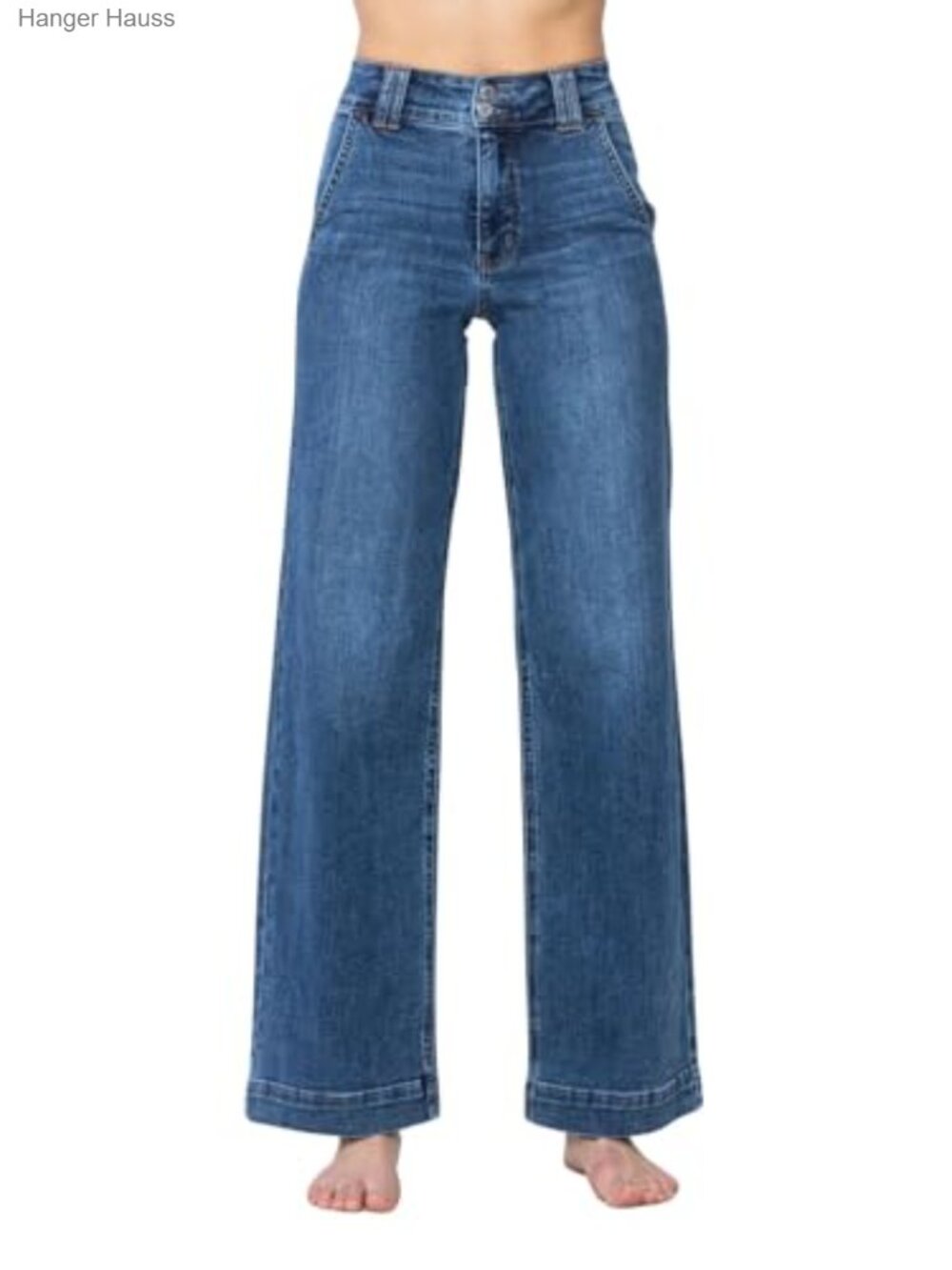 High-Rise Double Button Wide Leg Jeans Trouser Pockets